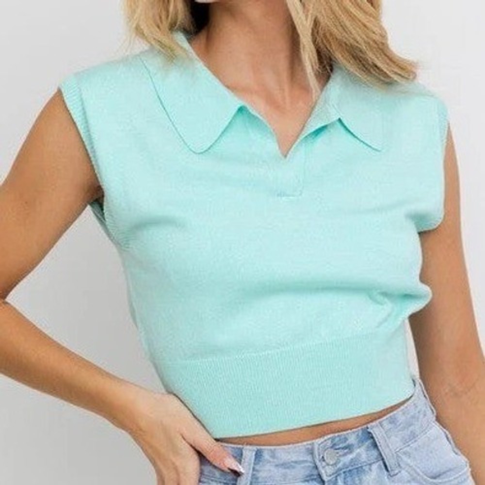 Le Lis Women's Sleeveless Knit Top Collared Cropped Size Medium Aqua Preppy
